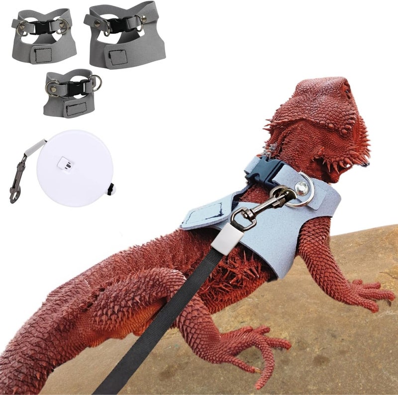 SEZDEKI 3 Pack Bearded Dragon Harness and Leash Set - Adjustable Soft Leather Lizard Harness with Retractable Leash Small Animal Traction Rope Walking Vest Accessories for Reptile Squirrel Rat (Grey) - Image 1